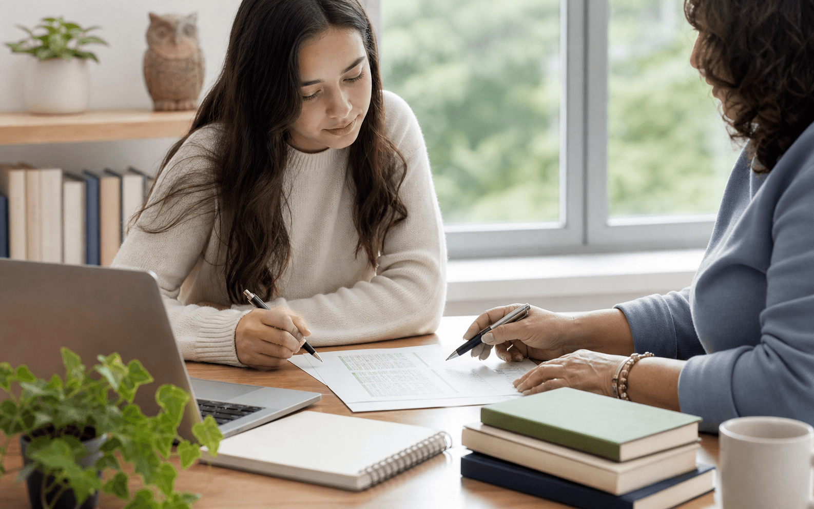 Student and advisor reviewing an early college success planning worksheet